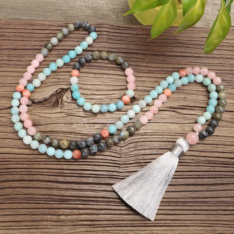 Natural Stone Amazonite Prayer Beaded Necklace Set Tassel Sweater Chain Male 108 Stone Beads Yoga Necklace for Women's Jewelry