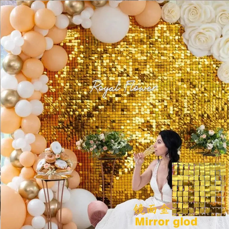 New Design 2023 Grid Gold Shimmer Sequin Mirror Wall Panel Wedding Party Decoration Backdrop