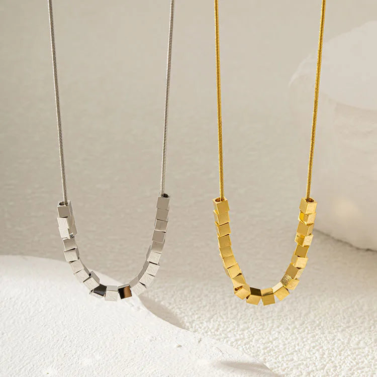 NS1391  Non Tarnish Waterproof Chic Dainty Mini 18k Gold Plated Stainless Steel Sugar Cubes Square Box Beads Necklace for Women