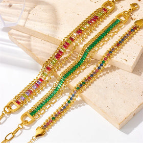 New Tarnish Free Adjustable Stainless Steel Colorful Zircon Bracelet 18k Gold Plated Wide Bracelet for Women