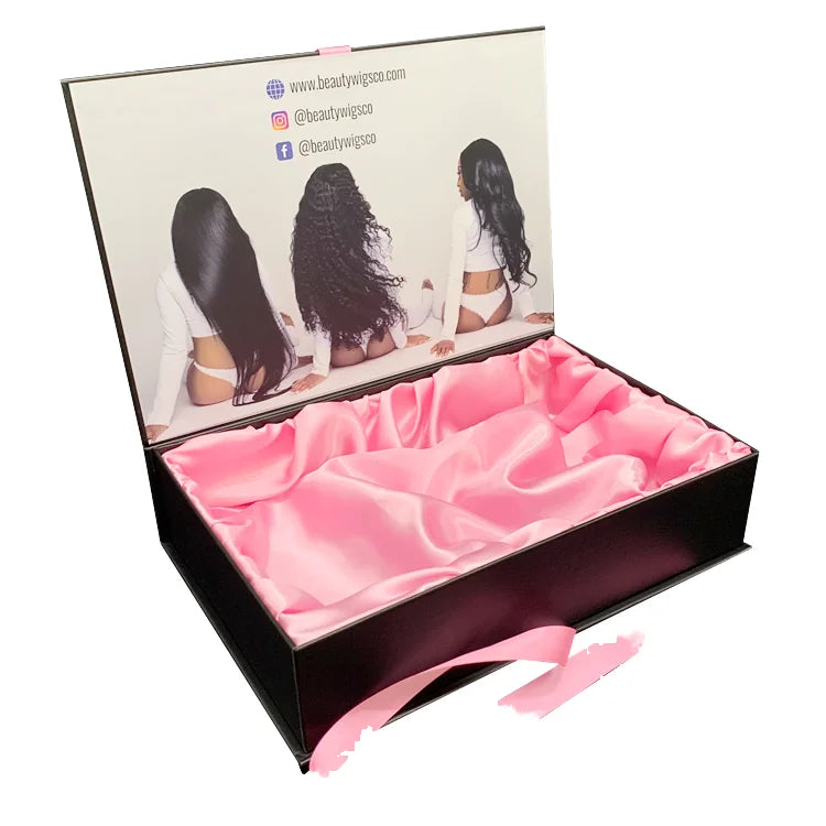 Wholesale Custom Logo Rigid Black Virgin Human Hair Extensions Satin Ribbon Insert Sponge Made Recycled Matt Lamination