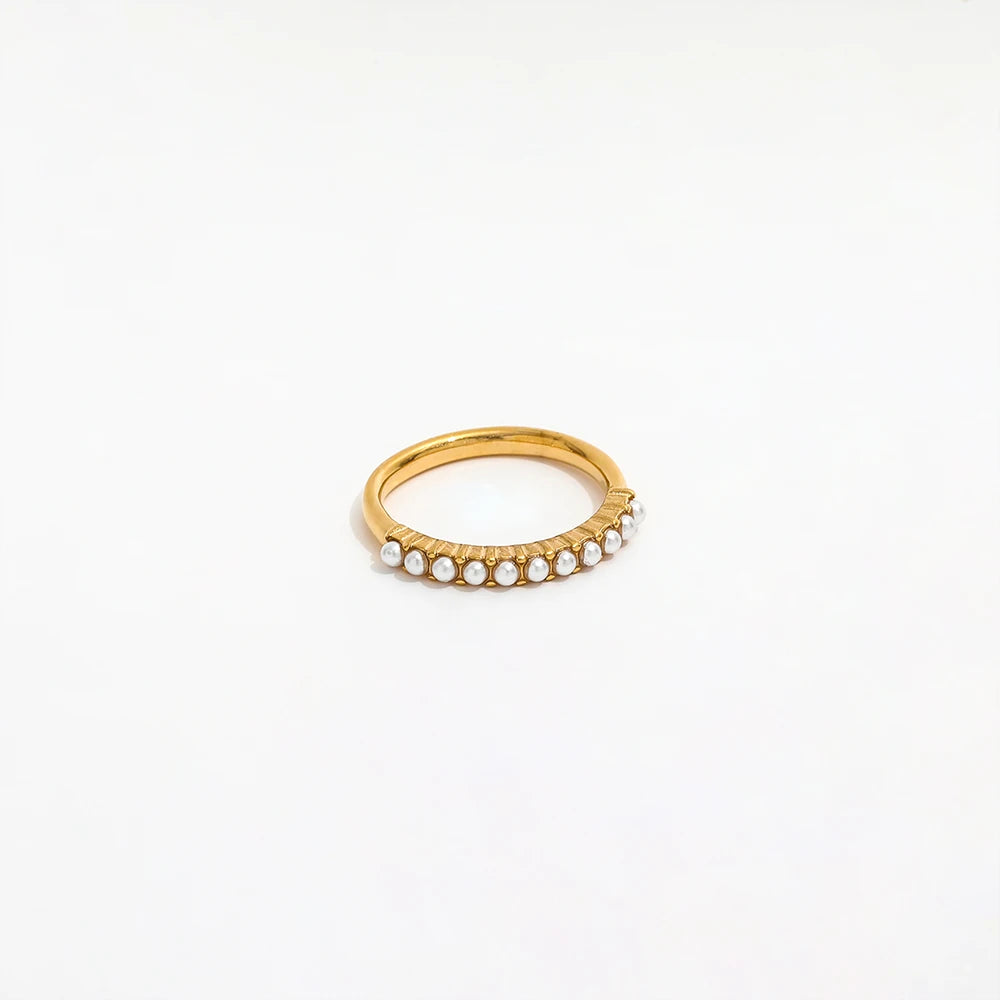 High End 18K Gold Plated Dainty Pearl Pave Rings Stainless Steel Jewelry Trendy Finger Ring