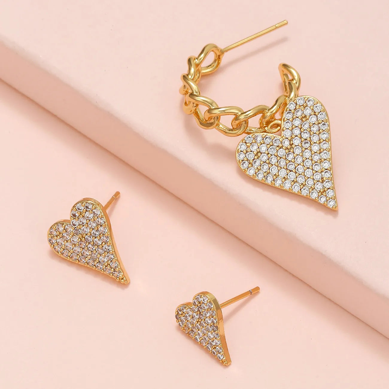 Factory Custom Hot Selling 18K Brass Earrings Korean Version Fashion Love Super Flash Full Drill Stud Three-Piece Ear Stud Sets