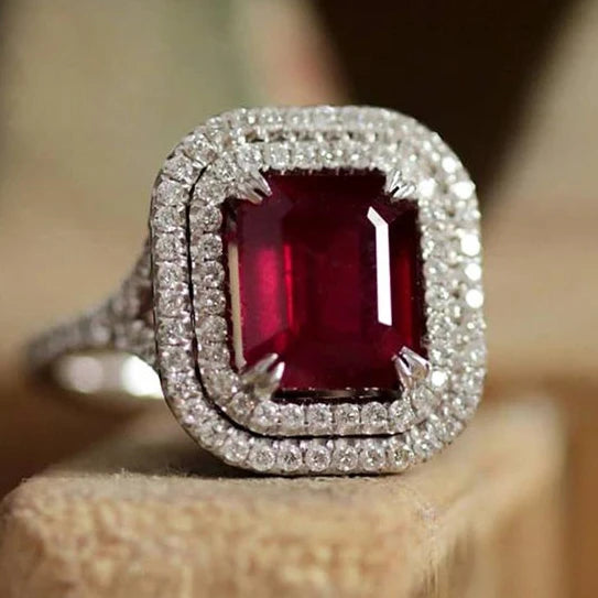 CAOSHI Noble Red Radiant Cut Gemstone Ring Romantic CZ Macro Pave Rings Launched Girls Women Silver Luxury Ruby Rings Jewelry