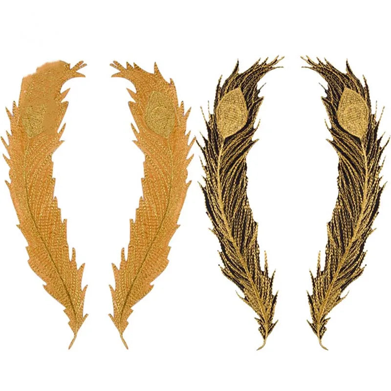 Diy Costume Dress Accessories Iron-on Applique Peacock Feather Embroidery Cloth Sticker skirt Gold Black Textile Motif Patch