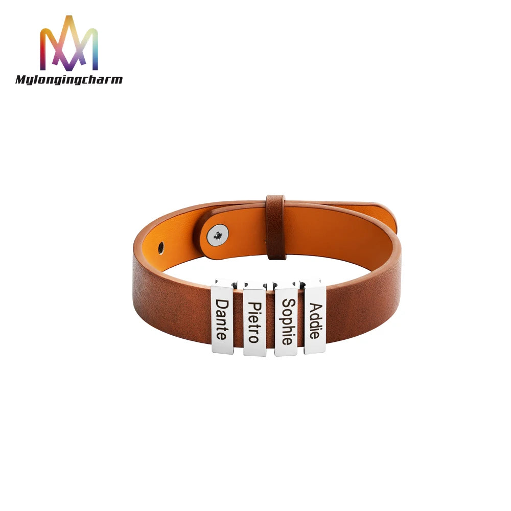 Stainless Steel Men's Personalized Leather Bracelet With Adjustable Beads Perfect Gift for Father's Day