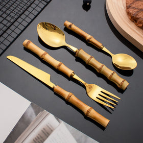 Factory Sale Eco-friendly Stainless Steel 304 Luxury Gold Bamboo Handle Cutlery Flatware Set