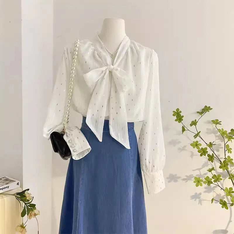 S-XL V-neck Bow Chiffon Shirt for Spring _ Loose and Versatile Lantern Sleeve Shirt for Women With a Stylish Long Sleeved Top