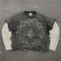 Custom Screen Print T-Shirt Vintage Cotton Ripped Double Layer Long Waffle Sleeve Top Distressed Stone Acid Wash T Shirt for Men