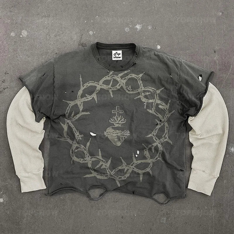 Custom Screen Print T-Shirt Vintage Cotton Ripped Double Layer Long Waffle Sleeve Top Distressed Stone Acid Wash T Shirt for Men