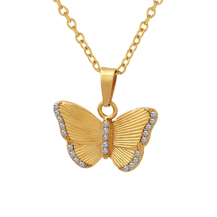 Custom 18K Gold Plated Stainless Steel Butterfly Pendant Necklace Trendy New Design for Girls for Parties with Zircon Main Stone