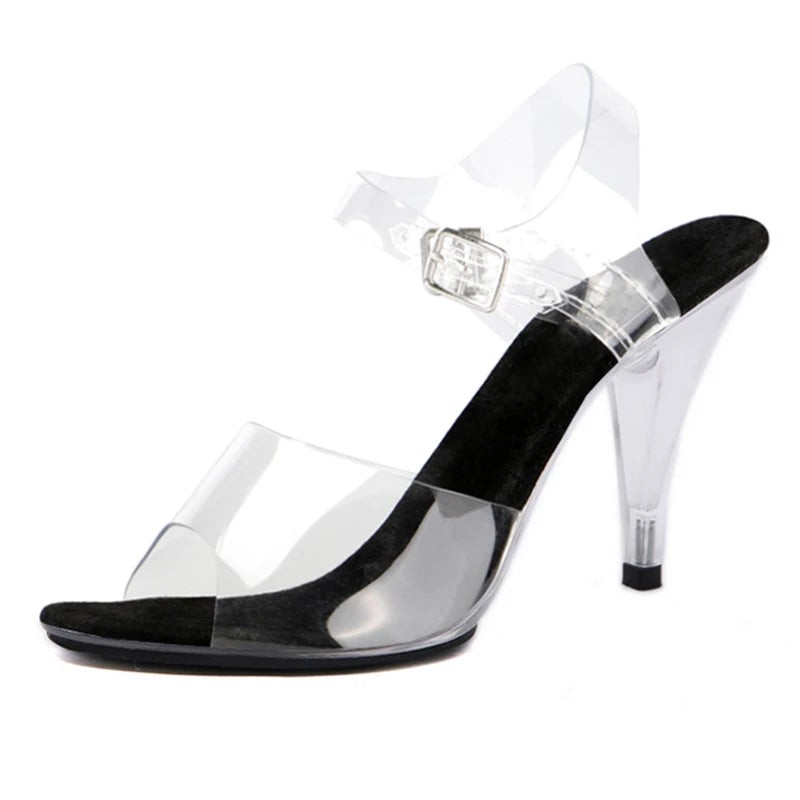10 cm short heel sandals leaky toe transparent high heels Club strippers large non slip women's buckle summer sandals