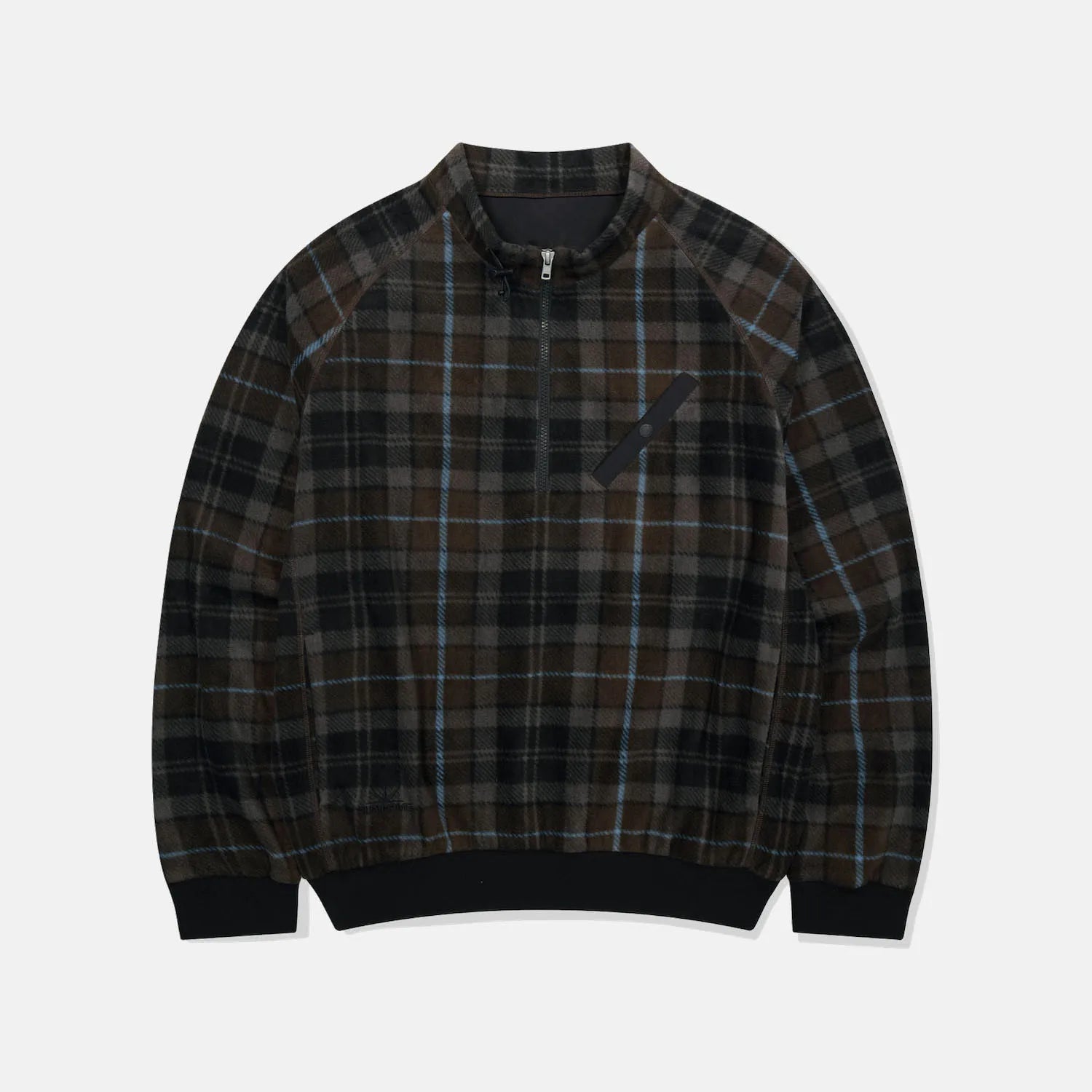 Men's Warm Plaid Half Zip Fleece Pullover Stand Collar Woven Spring 100% Polyester Raglan Sleeve Jacket with Chest Pockets