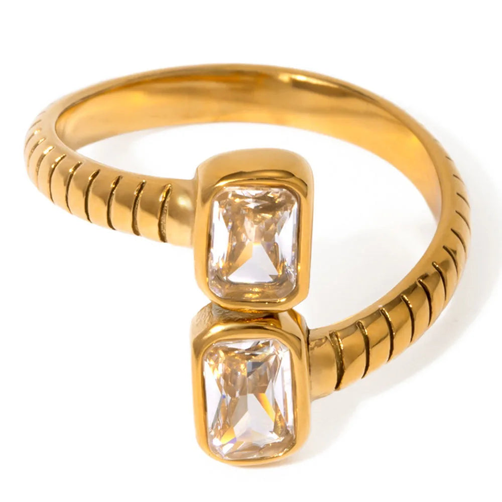 Delicate Rectangle Cubic Zirconia Finger Jewelry 18K PVD Gold Plated Stainless Steel Waterproof Striped Open Rings for Women