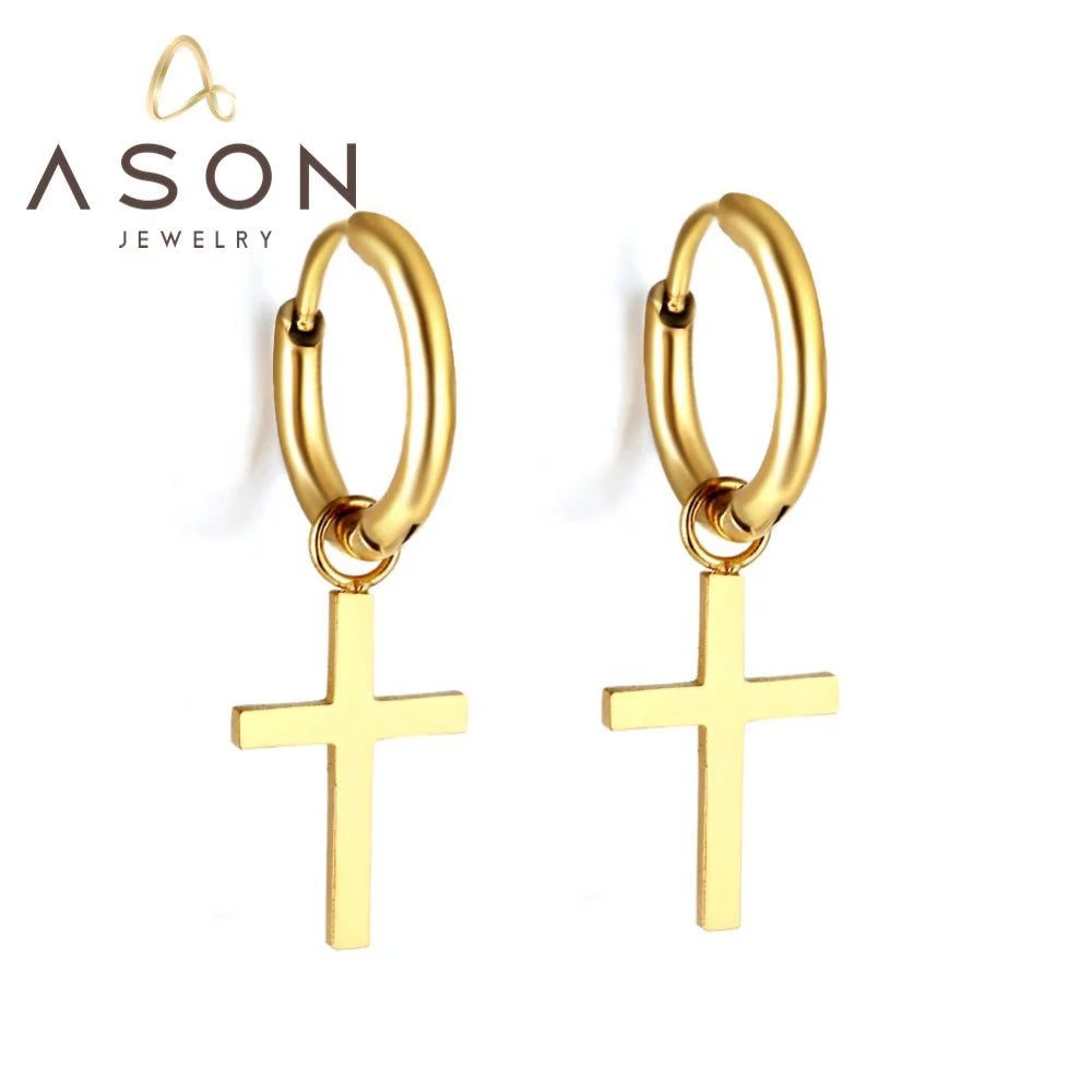 Ason Jewelry New Trendy Waterproof Stainless Steel Cross Drop Hoop Earrings for Women