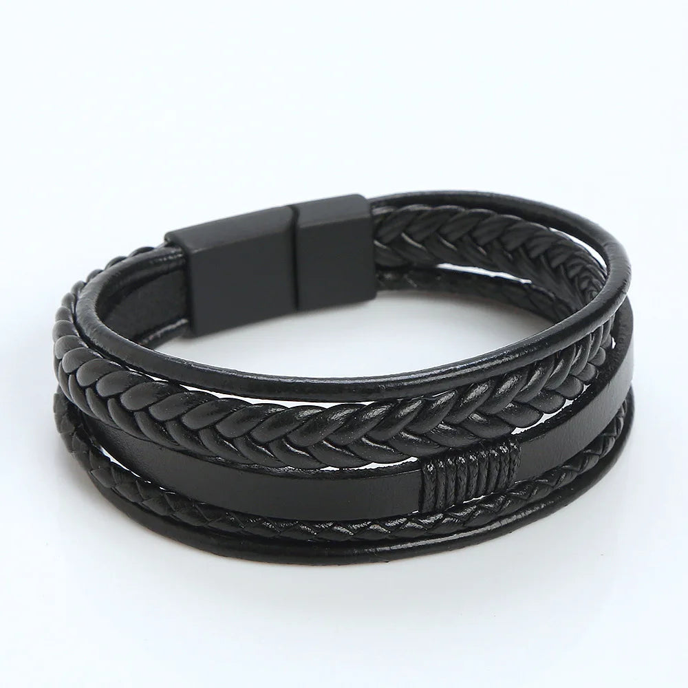 Fashion Handwoven Multilayer Design Leather Bracelet With Stainless Steel Magnetic Clasp for Men Women Accessories SCB007