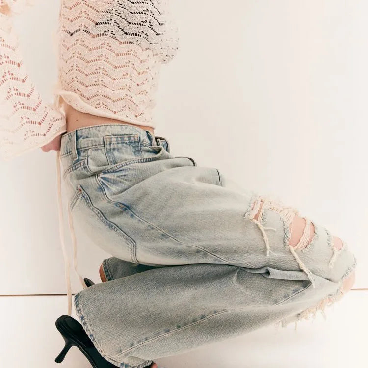 Fashion Low Waist Baggy Stacked Straight Leg Tapered Jeans for Women