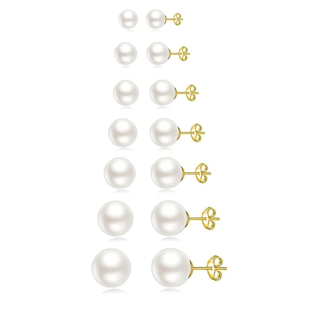 Wholesale Fashion Jewelry Gold Plated Stainless Steel Classic Imitation Pearl Earrings Simple Pearl Stud Earrings Sets for Women