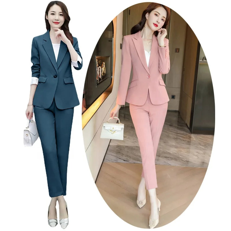 Womens Pant Suits Korean Formal Outfits Japanese Office Lady Blazer Jacket Work Trousers Tuxedo Set Blue Clothes Business Suit