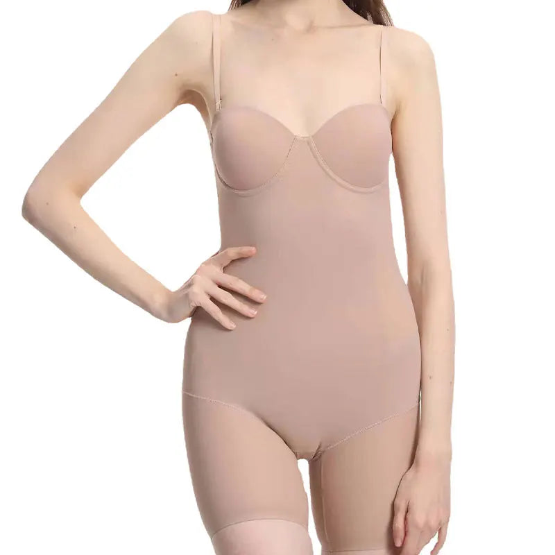 Seamless Open Gusset Full Body Shaper Breathable Strapless Cupped Mid-Thigh Bodysuit with Fancy Shapewear Suit