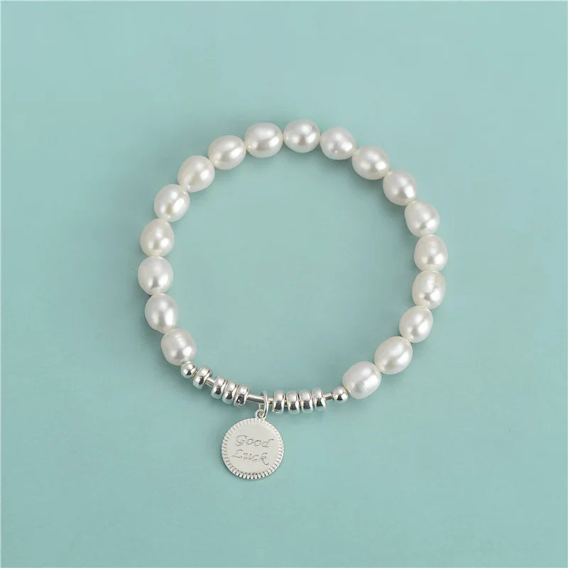 Women Simple 925 Sterling Silver Round Beads Pearl  Patchwork Bracelets Round Good Luck Pendant Beaded Bracelet Wholesale