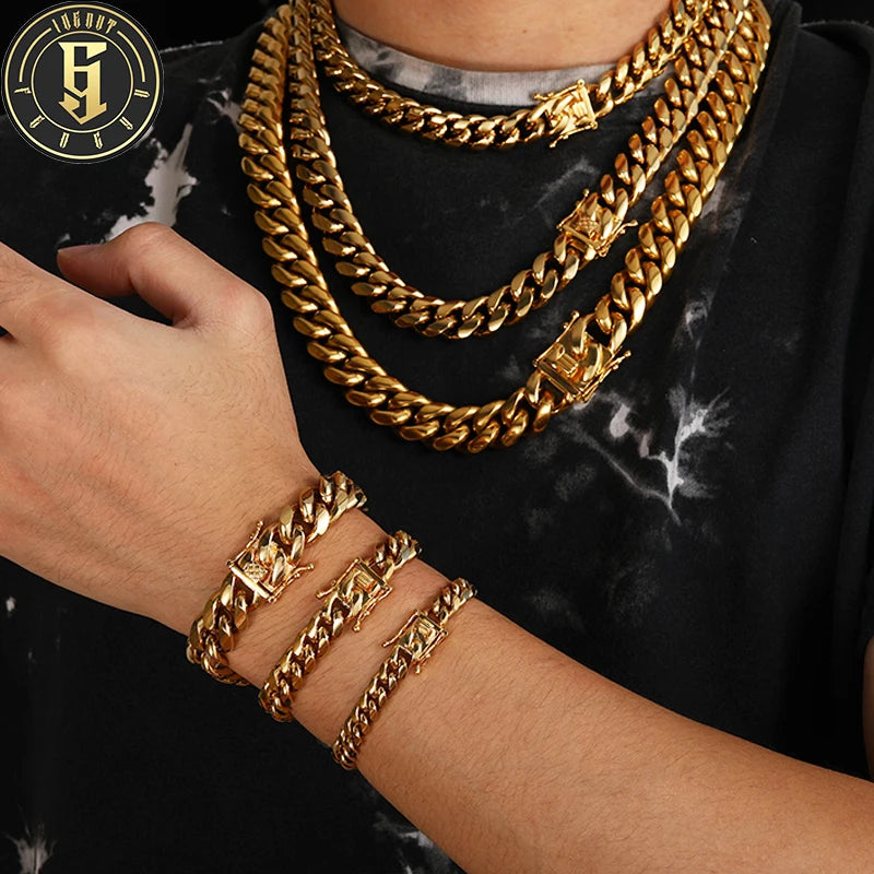 Factory Wholesale Hip Hop Jewelry Men 8-14mm 18K Gold Plated Stainless Steel Miami Cuban Link Chain Luxury Necklace