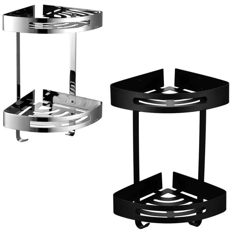 Modern Hotel Wall Mounted Corner Rack Stainless Steel Double Layers Black Shower Caddy Shelf Hooks Bathroom Organizer