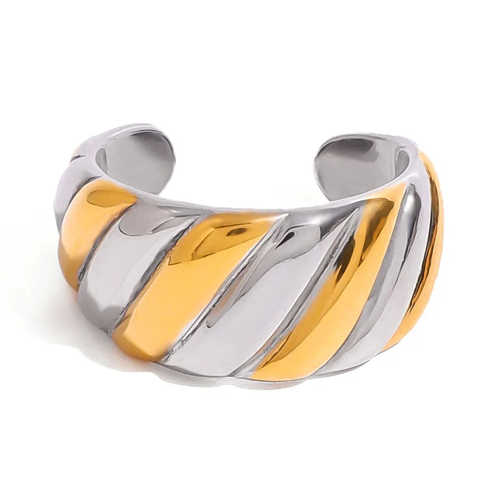 Personalized Two Tone Stainless Steel Open Rings Tarnish Free Mixed Color Croissant Braided Pattern Ring Women Jewelry Bijoux