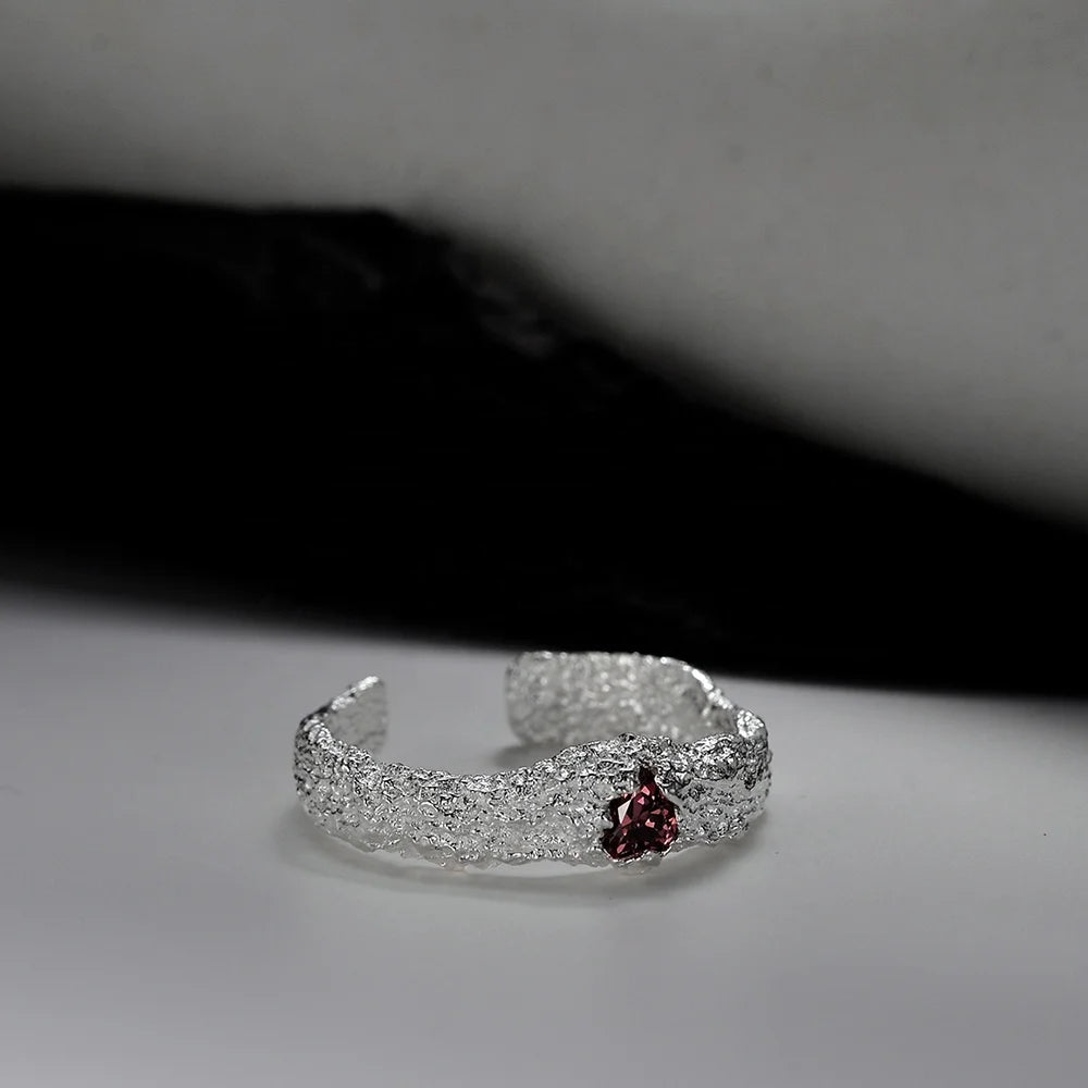 ICEBELA Fashion Jewelry 925 Sterling Silver Niche Design Texture Broken Love Ring Female Ins Cold Style Natural Ruby Ring
