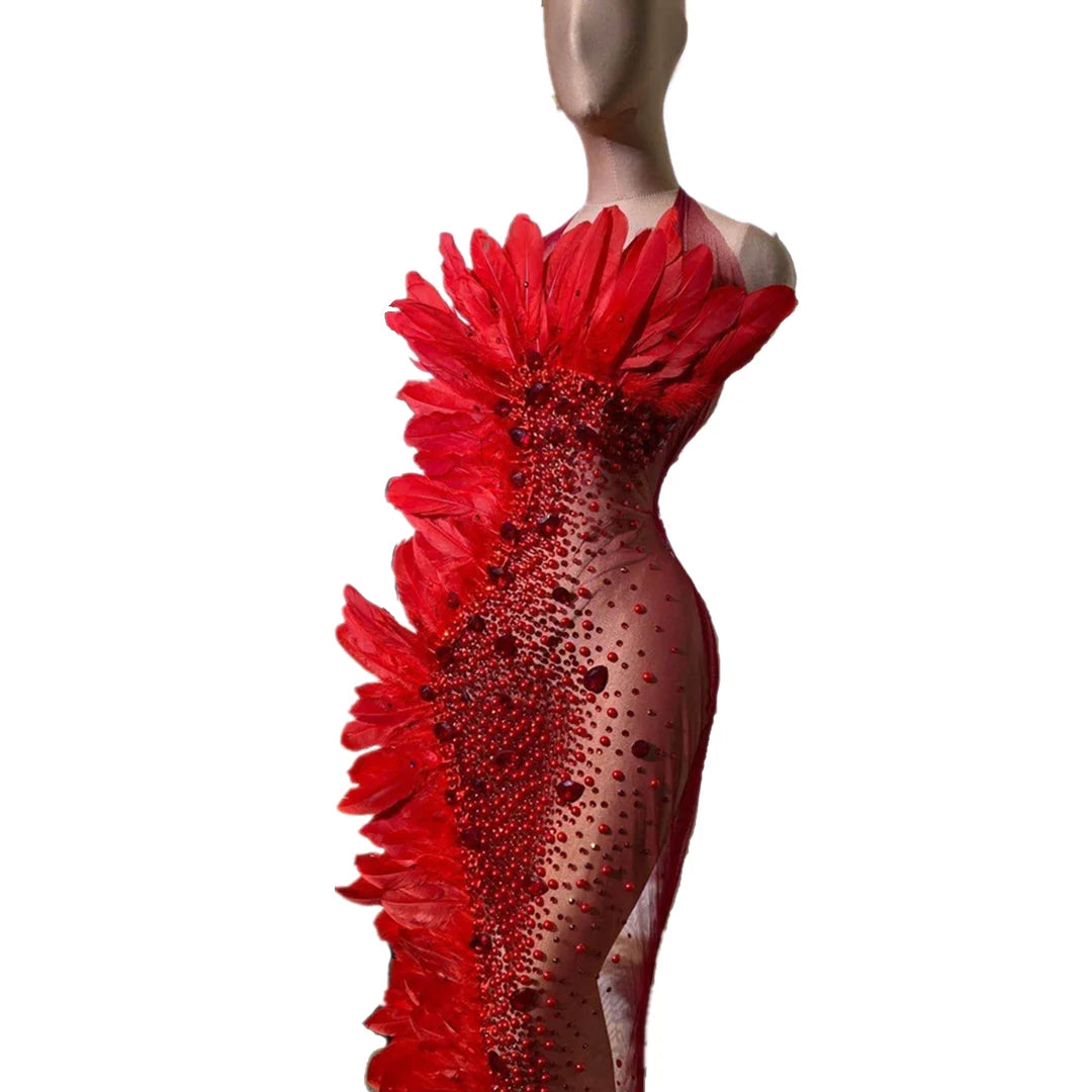 Sexy Party Dress Red Crystal See Through Feathers Mermaid Dress Women Prom Long Dress Stage Costume Rhinestone Wedding Evening