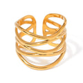 J&D 18k Gold Stainless Steel Multi-Layered Lines Hollow Open Ring Trendy Adjustable Jewelry INS Trendy