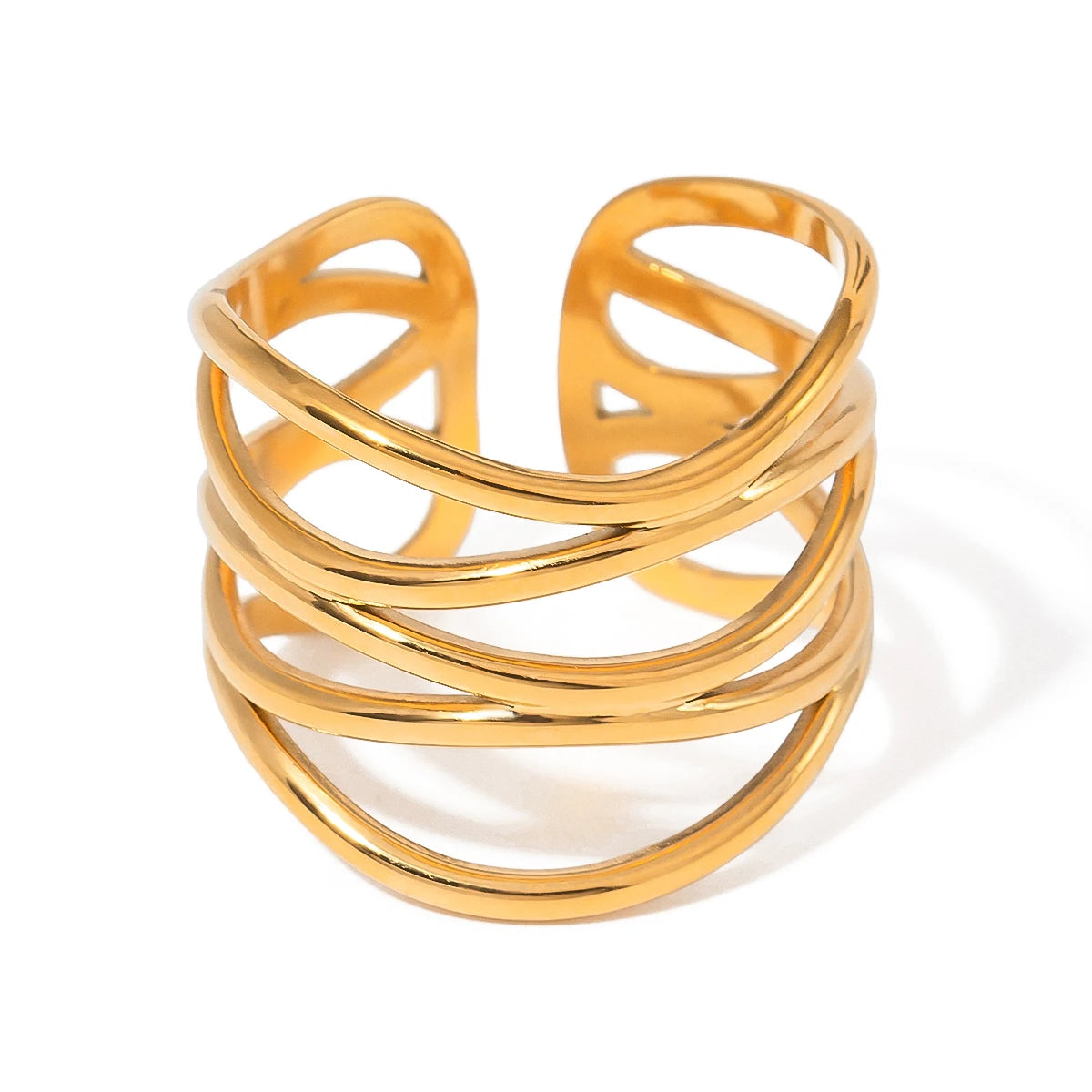 J&D 18k Gold Stainless Steel Multi-Layered Lines Hollow Open Ring Trendy Adjustable Jewelry INS Trendy