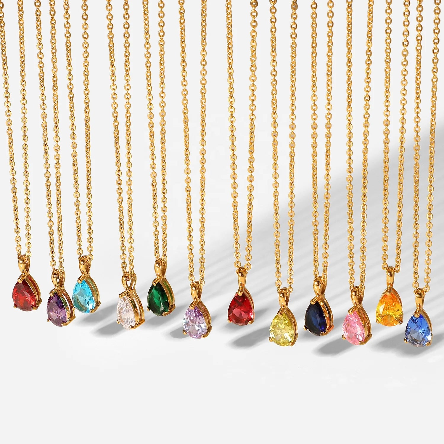 Personalized Stainless Steel Colorful Cubic Zircon Teardrop Charm 12 Month Birth Stone Pendant Necklace
