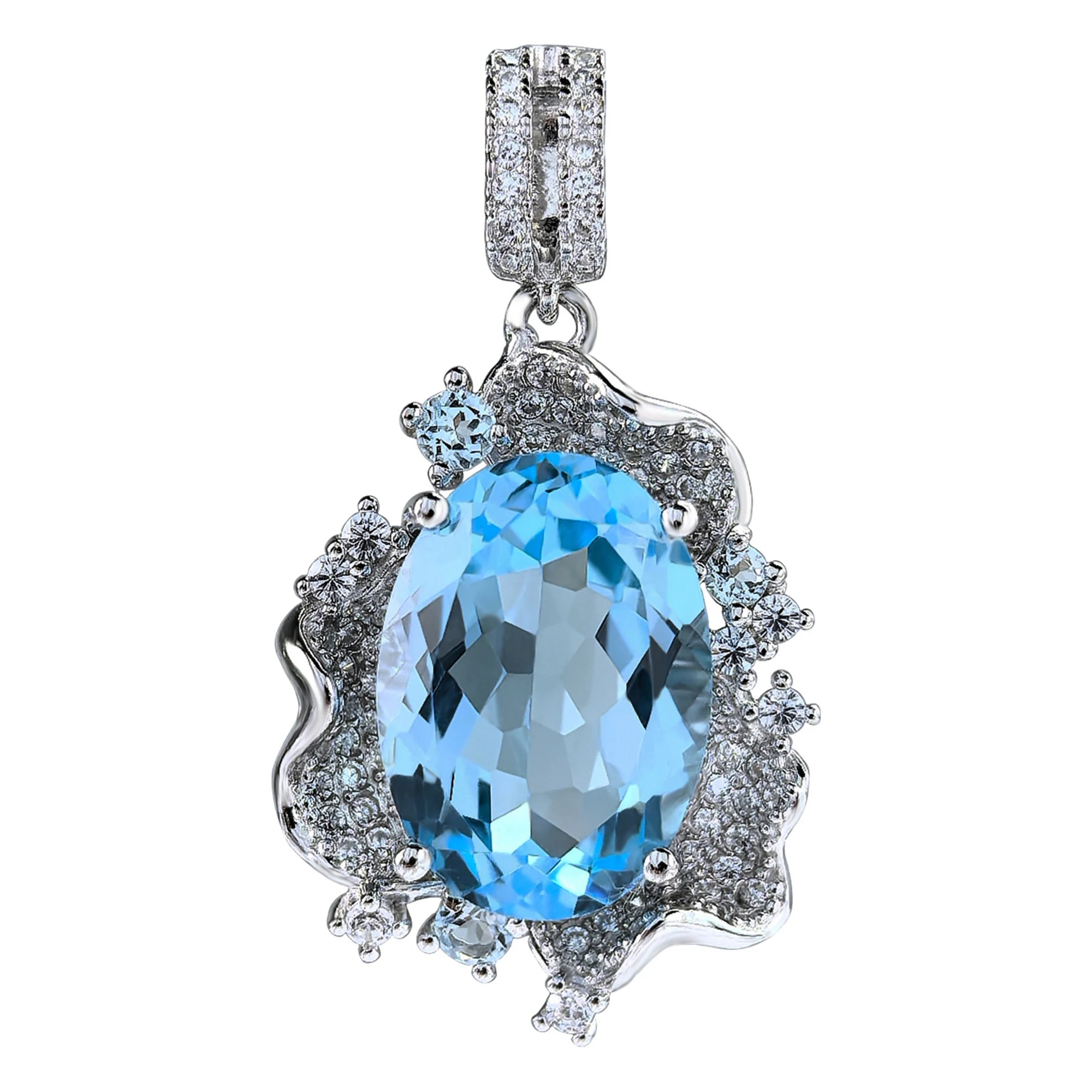 Graceful Women's 925 Sterling Silver Pendant Rhodium Plated with Natural Sky Blue Topaz Flower for Anniversary Gifts