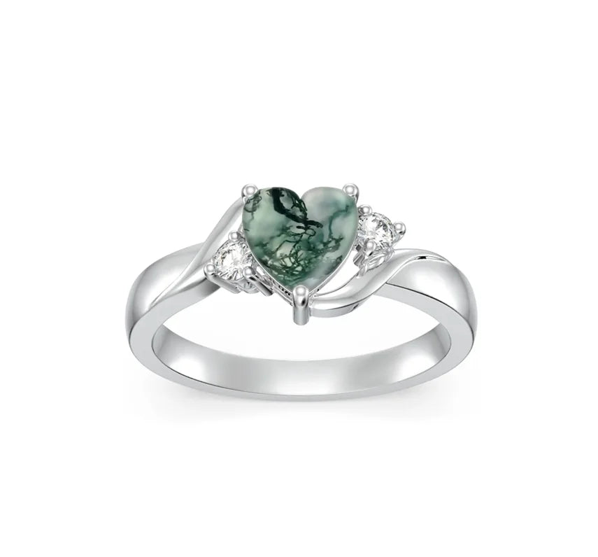 Fine Jewelry 925 Sterling Silver Adjustable Heart Moss Agate Zircon Open Ring for Women