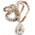Fashion Women Jewelry  Bohemia Necklace Amazonite Pic Jasper Natural Stone Crystal Glass  Brown Cut Drop Pendant Necklace