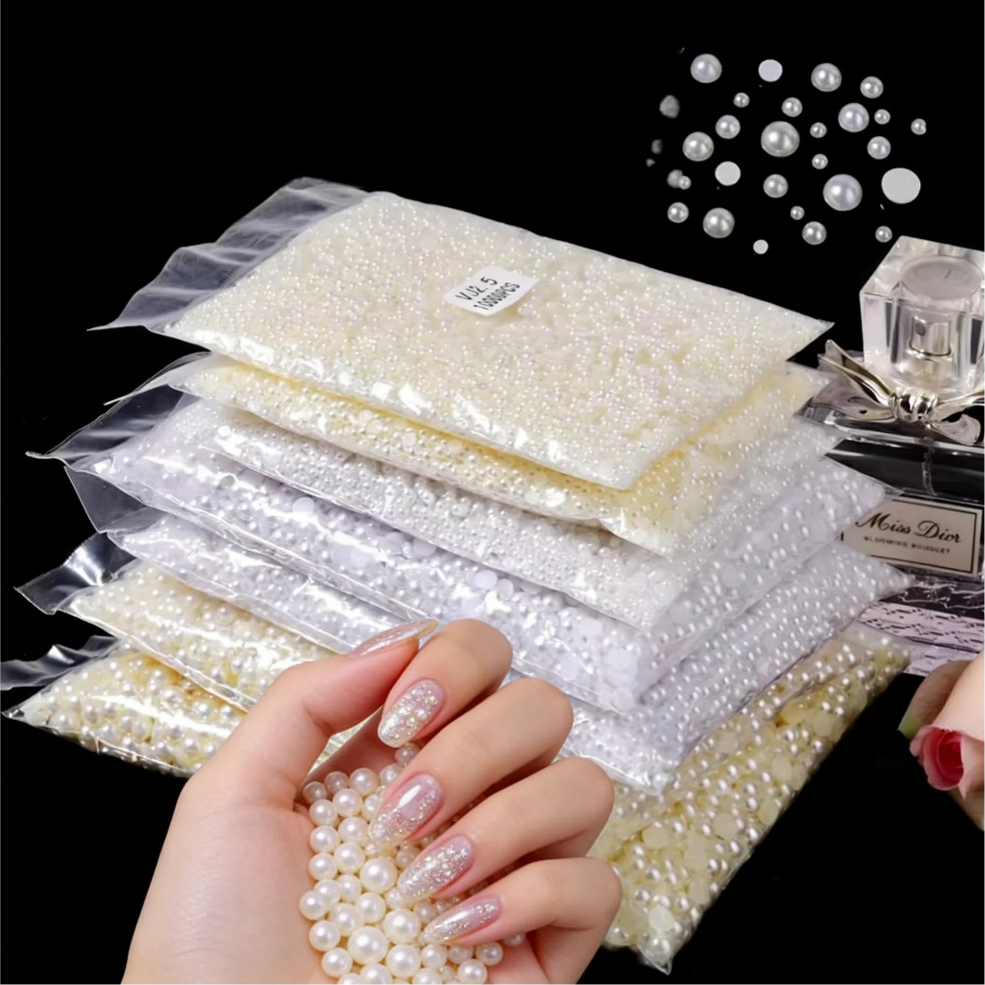 10000Pcs Beige/White Half Circle Pearl Nail Art Ornaments 1.5-6mm Beads Charm DIY Phone Case Makeup Face Sticker Nail Decoration