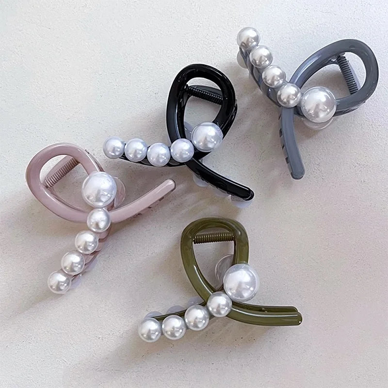 MIO Cross Hair Claw 8cm Big Clamp Simple Elegant Pearls Lady Latest Shark Clip Imitation Pearl Bride Hair Claw