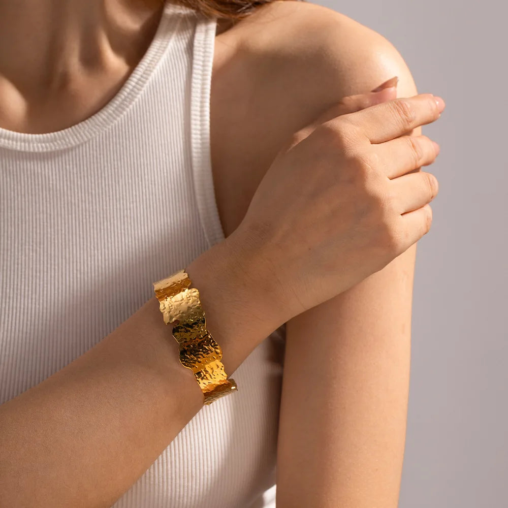 New INS Design Ripple Lake Surface Wide and Thin 18k Gold Plated Stainless Steel Open Bracelet Bangle for Women