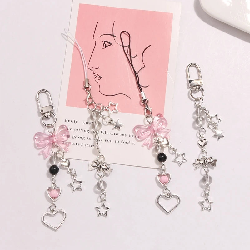Bow Heart Star Keychain Kawaii Y2K Key Chains Mobile Phone Charm Pendant Bag Phone Chain Cute Accessory Girs Women Pink Keychain