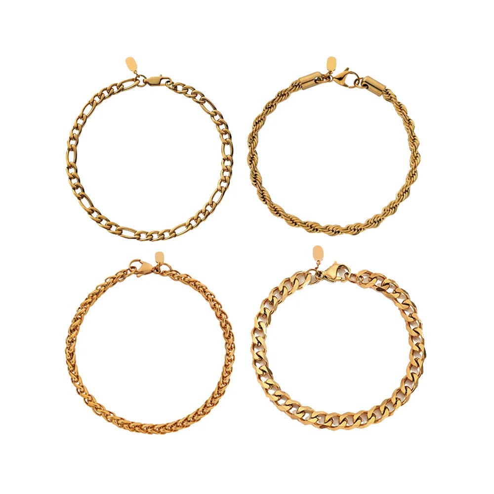 No Tarnish Jewelry 18k Gold Custom Logo Cuban Chain Bracelet Mens Stainless Steel Figaro Chains Rope Link Bracelets Wheat Chain