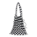 Women's Fashion Vintage Checkered Wool Handbag Pleated Fold Knitted Daily Bag with Two Handles Portable Open Closure Type