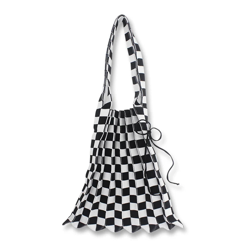 Women's Fashion Vintage Checkered Wool Handbag Pleated Fold Knitted Daily Bag with Two Handles Portable Open Closure Type
