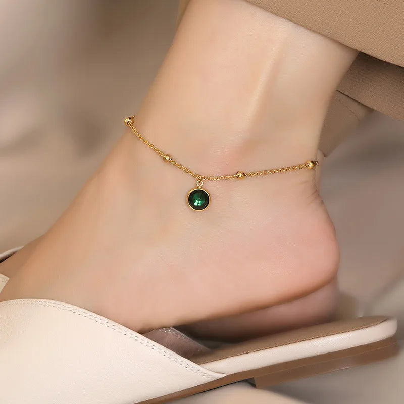 Wholesale Waterproof Stainless Steel Jewelry Dainty 18k Gold Plated Bead Chain Link Green Zircon Stone Charm Anklets YF3063