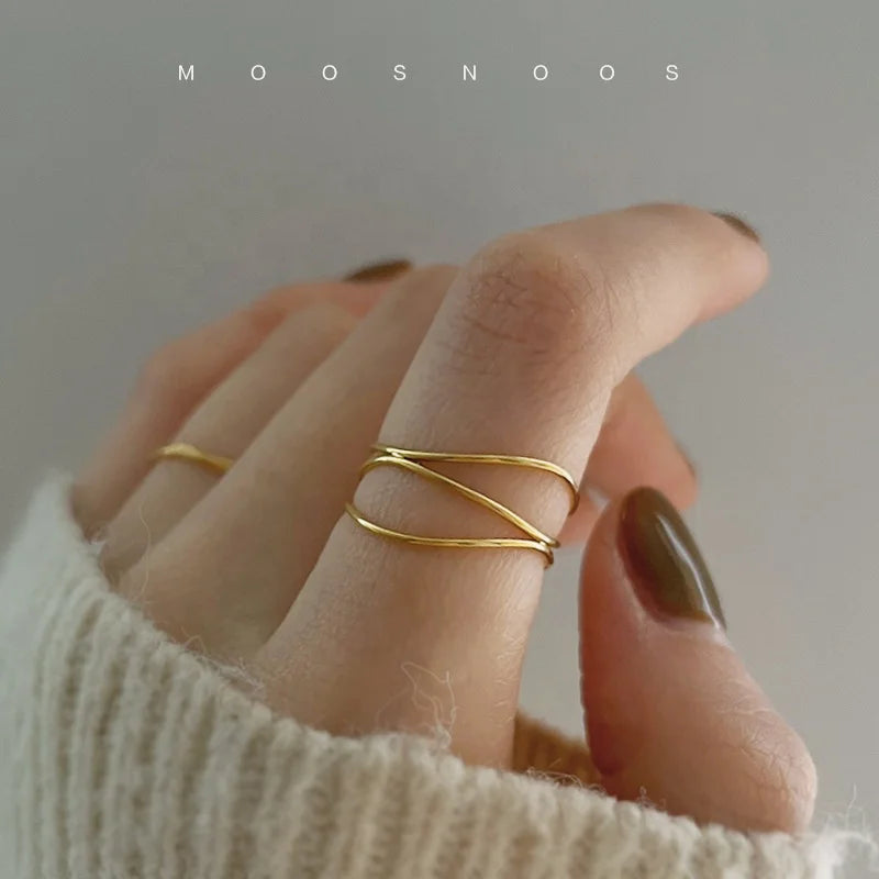 French Non Fade Minimalist Stainless Steel Geometric Three Layers Band Rings 18K Real Gold Plated Triple Wire Finger Rings