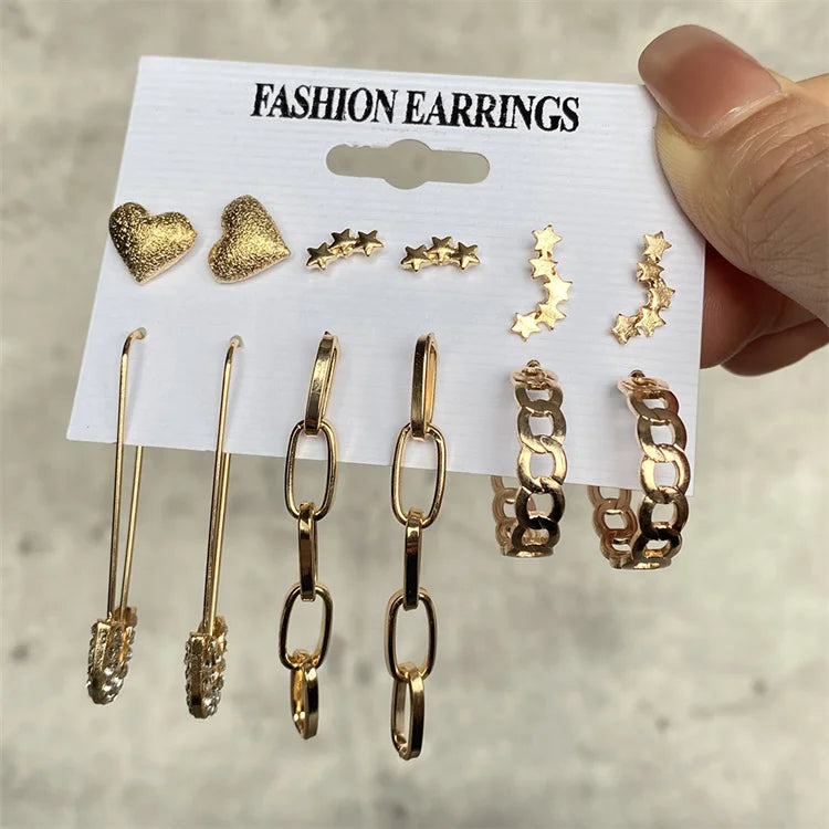 VKME Trendy Multiple Designs Star Heart Charms Earrings Set Gold Stick Tassels Drop Hoop Earrings for Women Jewelry Gift
