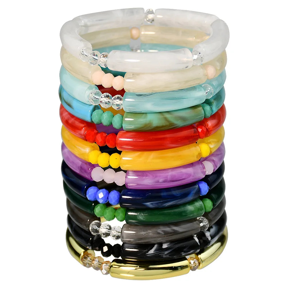 2023 New 12 Colors Resin Acrylic Tube Bracelet Bangle Tube Beads Stretched Elastic Acrylic Transparent Bracelet for Women