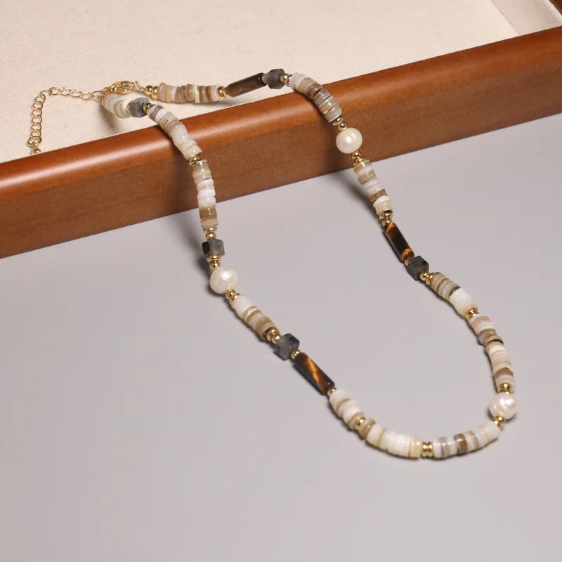 Bohemian Mailard Tiger Eye Abacus Stone Flat Beaded Necklace for Women Men 14K Gold Plated Choker Healing Energy Stone Jewelry