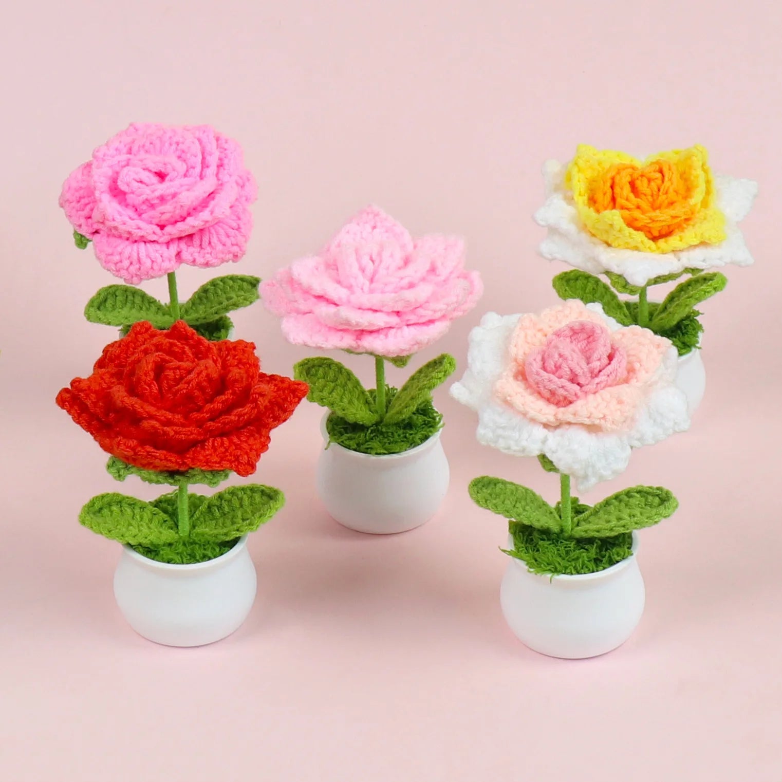 Popular Multi Color Crochet Rose Potted Plant with Flowerpot Artificial Woolen Knitted Flower Ornament for Home Office School