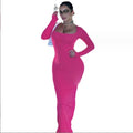2023 Hot Selling European and American Women's Autumn and Winter Long Sleeved Sexy Solid Color U-neck and Buttocks Wrapped Dress